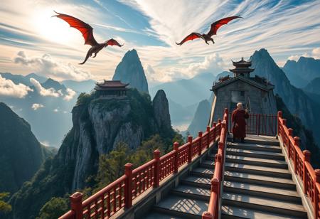 high resolution, 4k, ultra fine detail, highly detailed and intricate details, cinematic, high definition, Tianzi Mountains, Chinese mountains, blue skies, forest, river, sun behind mountain, shadow cast, The mountains are tall, there are few trees on the mountain, there is a Chinese temple on top of one mountain, there are stone stairs leading up the mountains to the Chinese temple, the mountains pierce the sky, the clouds are swirling around the mountains, the clouds are breaking apart allowing light to pass through them, dragons flying between the mountain peaks, the dragons are playing, there are a few dragons resting on the mountain peaks, there is an old monk on the stair case, the old monk is smoking from a pipe and watching the dragons, there are red wooden guard railings along the stair case up the mountain, dragon focus, aerial view, view from above,
