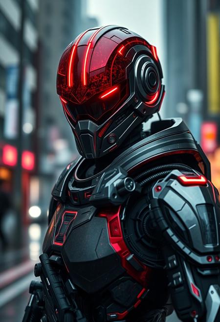 android with metallic advanced armor, weaponry, and helmet, neon red, street, overcast, reflection mapping, intricate design and details, dramatic lighting, hyperrealism, photorealistic, cinematic, 8k, 50mm f2 portrait photography, gfx100 camera, looking the camera, hard rim lighting photography. Highest-Quality, 4k, intricate details, visually stunning, Masterpiece