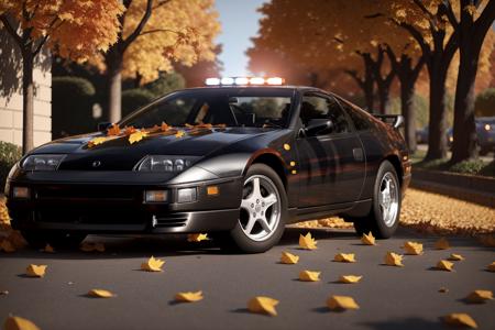 300ZX, black,police car parked on a street covered with leaves in autumn in a (city:1.3), fall, global illumination, volumetric lighting, best quality, highly detailed, cgi, illustration, octane render,  <lora:300ZX:0.6>