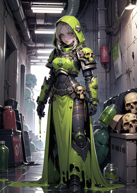 (1girl) (digital) (in detailed sewer, (power armor, armor, skull, tube, shaded eyes, slime, canister, hood up, glowing eyes, green eyes, dirty grimy rotting)) , best quality, <lora:boldline:0.2>  <lora:hairdetailer:0.2>  plaguemarine <lora:plaguemarine:1>