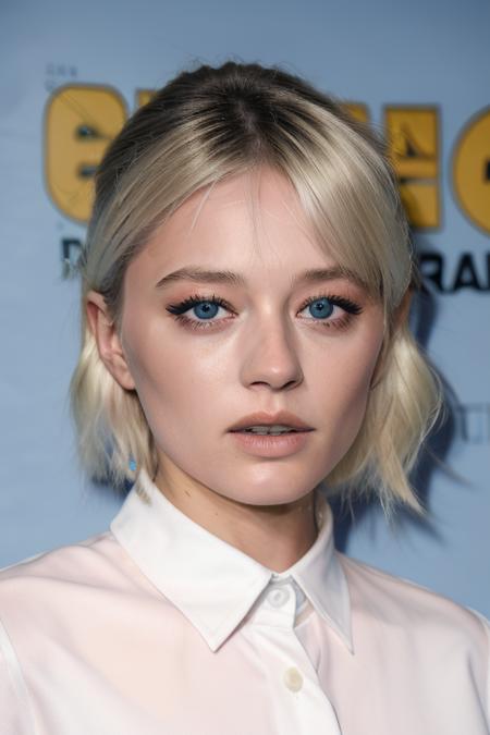 RAW candid close up of a stunningly beautiful blonde caucasian woman, at the comic con convention, short hair, pastel shirt, candid, amateur, 8k uhd, raw, fujifilm xt3