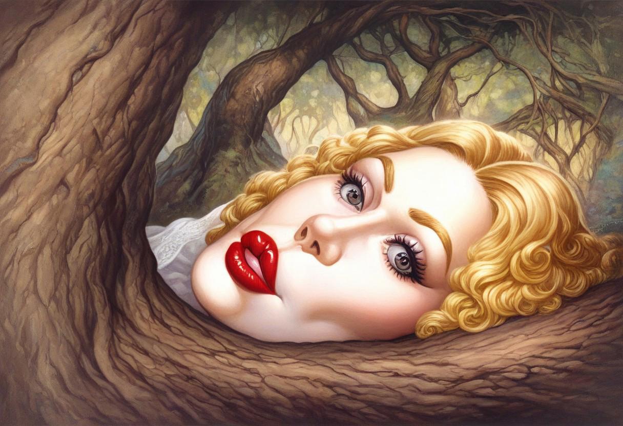 detailed,  
pretty eyes, 
FrankFrazetta,
dark setting,
fat lips, 
red  lips, 
very curvy figure, 
pretty face, white skin, blonde hair, 
laying under tree,