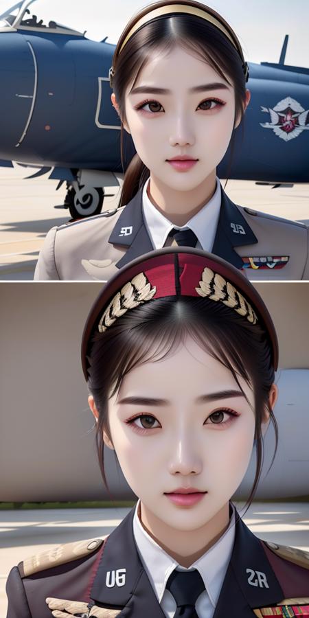 masterpiece,highres, highest quality,intricate detail,best texture,realistic,8k,soft light,perfect shadow, 
outdoor,sunny,airport,Fighter aircraft,fighter fleet,warehouse,
portrait,upper body,dajie,1girl,short hair,airforceUniform,airforce helmets,famous watch, cigar,sunglasses,thumb up,pistol on the waist,walking,