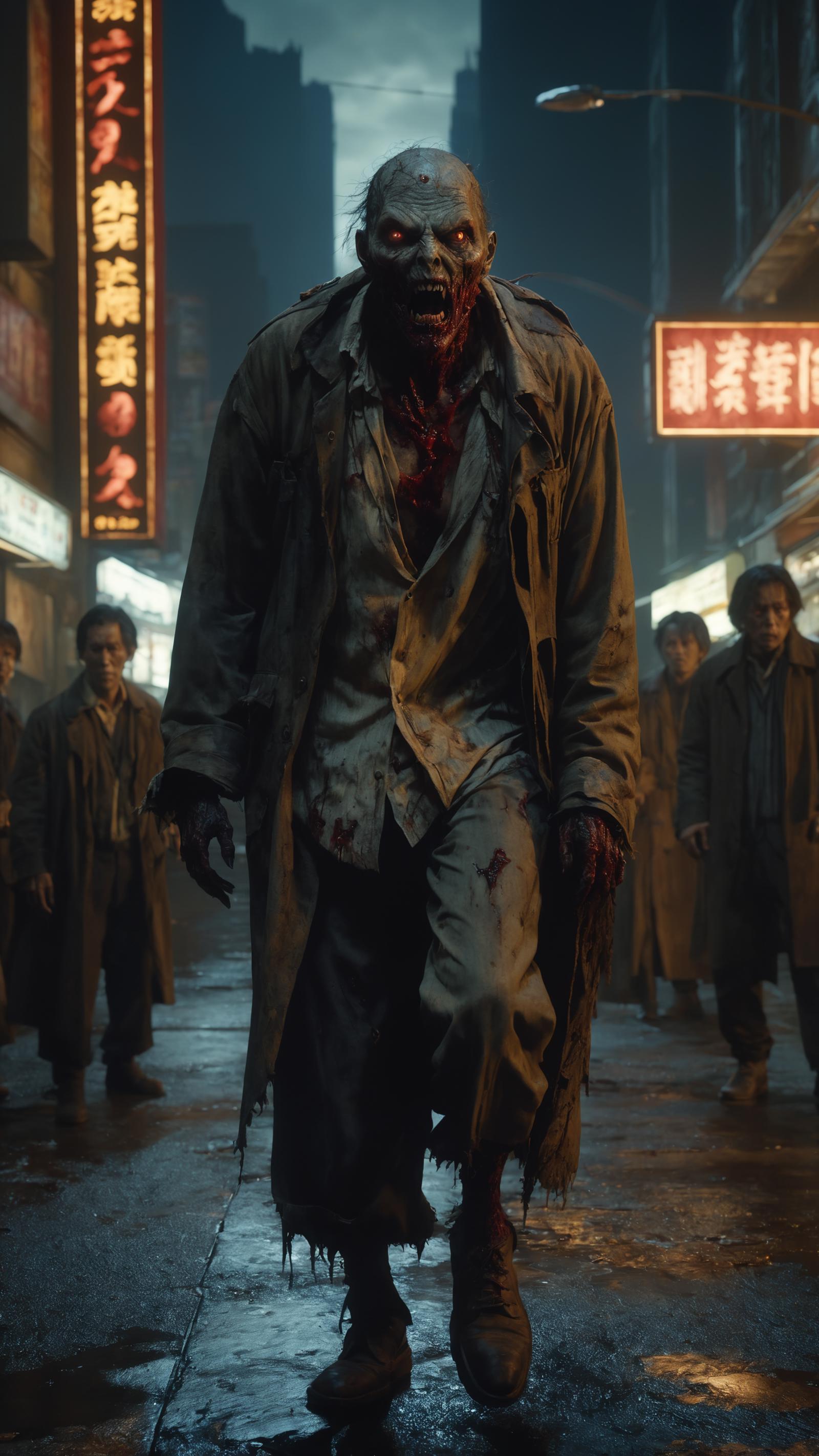 A group of people walking down a street with one man wearing a long trench coat and a bloody mouth.