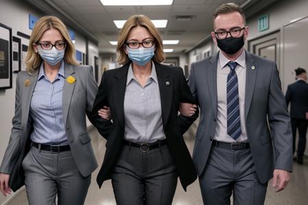 under arrest, blonde hair, shirt, black hair, long sleeves, hat, holding, standing, jacket, white shirt, weapon, male focus, cowboy shot, multiple boys, open clothes, necktie, glasses, striped, collared shirt, belt, pants, indoors, uniform, open jacket, black jacket, dress shirt, black headwear, mask, arms behind back, black pants, formal, blazer, suit, blue shirt, blue jacket, cuffs, black-framed eyewear, pocket, 4boys, grey jacket, mouth mask, blue pants, shirt tucked in, 5boys, very short hair, grey pants, striped necktie, handcuffs, yellow necktie, police, police uniform, diagonal stripes, train interior, police hat, diagonal-striped necktie, salaryman, walkie-talkie, white mask