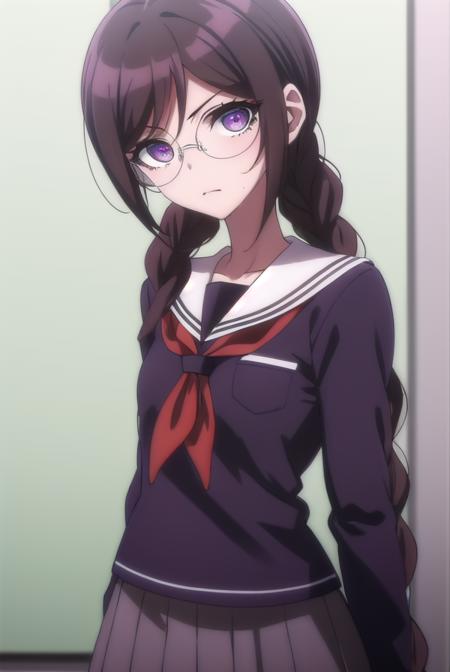 toukofukawa, <lora:touko fukawa s1-lora-nochekaiser:1>,
touko fukawa, long hair, bangs, brown hair, braid, glasses, mole, twin braids, mole under mouth, round eyewear, (brown eyes:1.3),
BREAK skirt, shirt, long sleeves, school uniform, serafuku, sailor collar, neckerchief, black shirt, red neckerchief,
BREAK indoors, classroom,
BREAK looking at viewer, (cowboy shot:1.5),
BREAK <lyco:GoodHands-beta2:1>, (masterpiece:1.2), best quality, high resolution, unity 8k wallpaper, (illustration:0.8), (beautiful detailed eyes:1.6), extremely detailed face, perfect lighting, extremely detailed CG, (perfect hands, perfect anatomy),