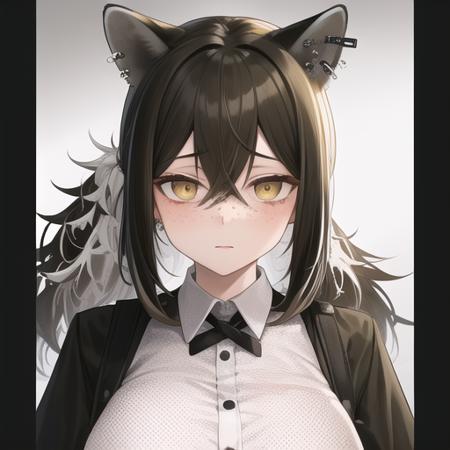 masterpiece,best quality,absurdres,highres,1girl,solo,upper body,(portrait:1.2),cross_tie,animal_ears,raccoon_ears,freckles,white_shirt,black_shorts,polka_dot_shirt,long_hair,brown_hair,shoes,legwear_under_shorts,long_sleeves,looking_at_viewer,large_breasts,yellow_eyes,collared_shirt,ponytail,raccoon_girl,hair_between_eyes,black_footwear,shirt_tucked_in,multicolored_hair,white_hair,high-waist_shorts,ear_piercing,brown_pantyhose,streaked_hair,bangs,<lora:Robin(ark)>,