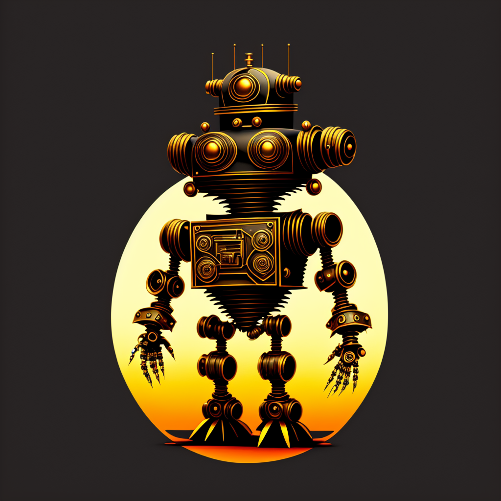 illustration of a steampunk robot (on a black background:1.4) as a t-shirt logo in the style of <MAGIFACTORY> art