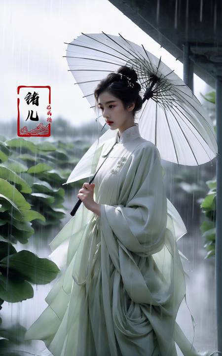 A woman holds a oil-paper umbrella on her shoulder to shelter from the rain as part of a fashion event in the style of Yue Xiaofei, light jade, ethereal dream, Tang Youhong, elegant, detailed design, dansaekhwa
Joil-paper umbrellachinese clothesholding umbrellarain
<lora:~Q?-ON-Noil paper umbrella:0.9>