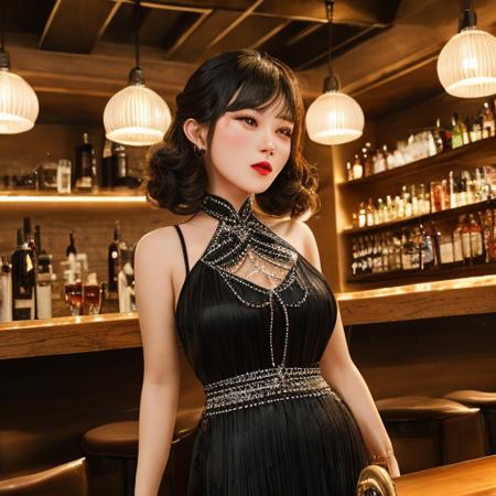 China,ShangHai,A trendy underground speakeasy-themed bar. The dimly lit space features vintage furnishings and a live jazz band playing sultry tunes. In this scene, the woman wears a form-fitting flapper dress with beaded fringe detailing, her hair styled in loose curls reminiscent of the 1920s. She confidently sways to the music as she enjoys a classic cocktail and interacts with fellow patrons who share her love for all things vintage.<lora:ç¡ç¾äºº3-000004:1>,, masterpiece,best quality,CG 8k wallpaper,illustration,absurdres, city lights,