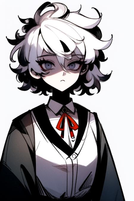 <lora:ManhwaMegaUltimate:1>
(highly-stylized), stylized, 1girl, solo, white hair, shirt, red ribbon, ribbon, looking at viewer, short hair, upper body, white eyes, white shirt, grey eyes, hair between eyes, neck ribbon, collared shirt, cardigan, closed mouth, expressionless, jacket, simple background, frills, bangs, white background, long sleeves