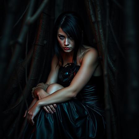 Extreme realism, dark Goth themed, Breathtaking masterwork 32k HD photo, sleek young  athletic woman hyperfeminine hourglass figure, sheltering in extremely dark dim haunted “mirkwood” inspired fel_forrest, slippery latex infused gothic corseted gown, sitting huddled self hugging knees, shy/timid expression