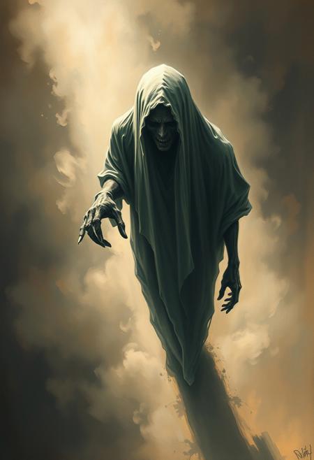 A classic oil painting in an overhead bird’s-eye view, depicting a Creepy ghostly figure with volumetric lighting, showcasing surreal avant-garde aesthetics, intricate linework, bold graphic elements, textured compositions, traditional Japanese aesthetics, modern surrealism, elongated figures, dreamlike landscapes, rich textures, visible brushstrokes, and light beams through dust or fog.