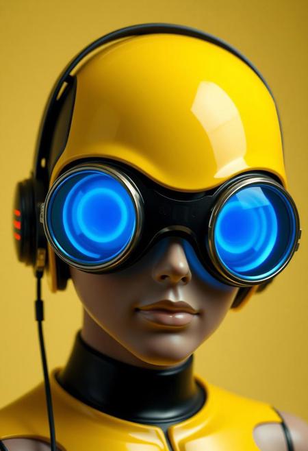 The figure's head is encased in a streamlined helmet, predominantly yellow with black accents. The helmet appears highly polished, with a smooth, almost glossy finish. Integrated into the helmet are large, circular, reflective lenses that cover the eyes entirely. The lenses glow with blue hue, giving off a cool, futuristic aura. These oversized goggles suggest an augmented reality or heads-up display function, typical of high-tech environments. Around the figure’s ears are sleek, futuristic headphones, which are seamlessly built into the helmet design. These headphones are primarily black with red, horizontal stripes along the side, indicating an interface for communication or audio enhancements. The skin tone appears smooth and artificial, hinting at synthetic or modified human characteristics