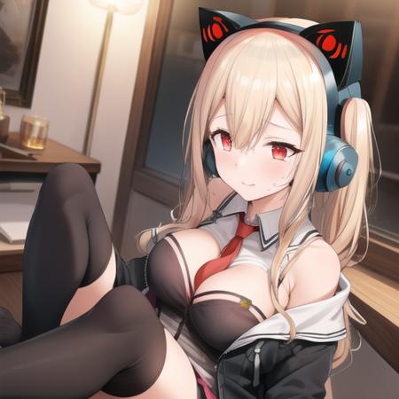 (masterpiece, best quality:1.2),illustration,8k,hd,1girl,solo,upper body,(portrait:1.2),concord (azur lane),long hair,blush,fringe,breasts,blonde hair,hair between eyes,red eyes,sitting,animal ears,pleated skirt,cat ears,off shoulder,arm support,mole,open jacket,no shoes,mole under eye,symbol-shaped pupils,thighhighs,skirt,black thighhighs,jacket,headphones,bell,jingle bell,headset,cat ear headphones,<lora:Concord(azur)>,