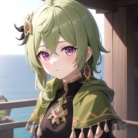 ((masterpiece)),(best quality),official art,extremely detailed CG,unity 8k wallpaper,ultra detailed,A lighthouse on a cliff by the sea,1girl,solo,upper body,(portrait:1.2),looking at viewer,green_hair,green_capelet,jewelry,puffy_long_sleeves,single_earring,toeless_footwear,hair_ornament,purple_eyes,brown_thighhighs,bangs,blush,crossed_bangs,ahoge,tassel,pink_eyes,boots,black_dress,medium_hair,asymmetrical_legwear,<lora:Collei(gen)>,