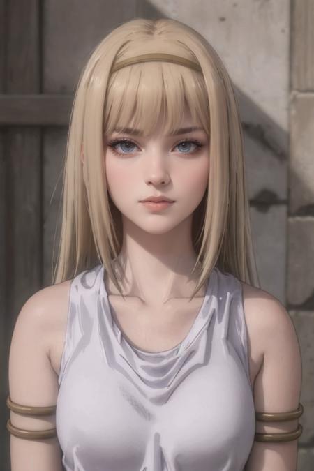 portrait, straight-on, sad_smile, 
masterpiece, best quality, high quality, highres, solo,moody lighting, BREAK,
ANIME_AttackOnTitan_YmirFritz_ownwaifu, www.ownwaifu.com, 
1girl, blonde hair, grey eyes, bangs, breasts, collarbone, hair over eyes, lips, long hair, medium breasts,  shaded face, 
shibari over clothes, hairband,  armlet, bare shoulders, grey dress, hair ornament, sleeveless, tank top, 
<lora:ANIME_AttackOnTitan_YmirFritz_ownwaifu-15:0.8>