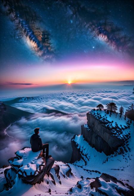 white vignette effect, stars, a silhouetted person far away sitting on edge of huge cliff, 
 perfectly aligned milkyway over horizon, michal shainblum photography. realism, 
reddish,pink blue aesthetic hues, the sun hiding behind the fog, snow landscape in the distance,  sun glow effect, sun halos, dark contrast, dawn, daek light blue gradient filter, a nat geo moment, pine trees fading far away, realism. mist, fog, dark rich contrasts, moody and gloomy, melancholic atmosphere.