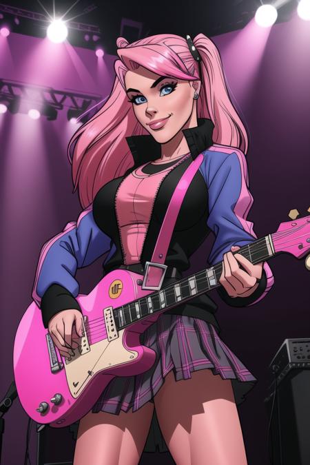 <lora:rabies-t-lagomorph:0.8>, rabies-t-lagomorph, masterpiece, best quality, 1girl, instrument, electric guitar, guitar, solo, long hair, pink hair, pink jacket, gibson les paul, skirt, holding, jacket, blue eyes, track jacket, hair ornament, cube hair ornament, holding instrument, pleated skirt, hair between eyes, closed mouth, looking at viewer, music, smile, one side up, black skirt, bangs, stage, playing instrument, long sleeves, cowboy shot, standing, breasts, stage lights