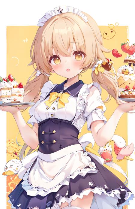 ((masterpiece,best quality)),

1girl, solo,hifumi (blue archive), twintails, yellow eyes,long hair,low twintails, apron, thighhighs,cake, food, short sleeves,maid headdress, maid, looking at viewer,white apron, holding, enmaided, puffy short sleeves, puffy sleeves, bow, strawberry, cake slice, maid apron, frilled apron, breasts, frills, blush, long hair, alternate costume, plate, gradient,fruit, small breasts, open mouth, tray, yellow bow, cup, :o,holding plate,

white thighhighs,

<lora:ajitaniHifumi:1:lbw=CHARA>,