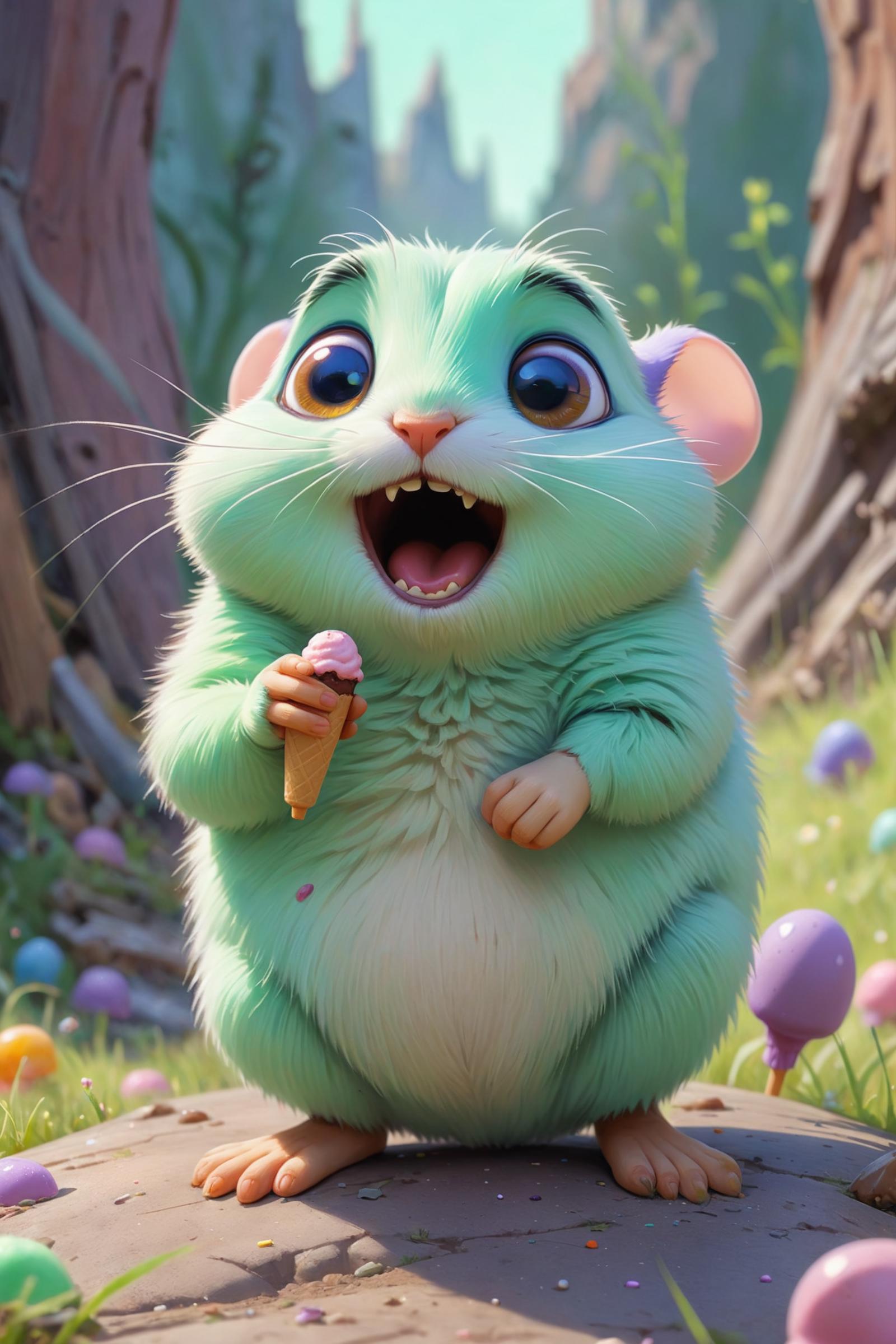 An animated green rabbit character holding an ice cream cone.