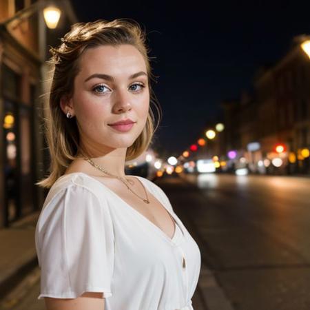 instagram photo, closeup face photo, young dutch woman, wearing a dress, beautiful face, makeup, night city street, bokeh, motion blur