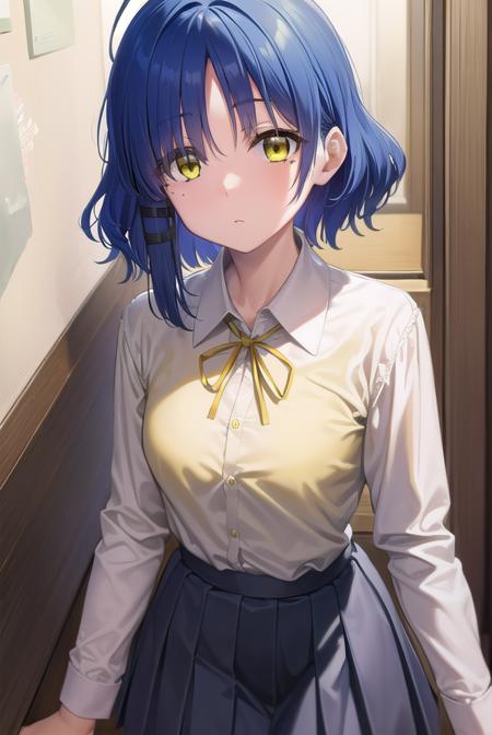 ryouyamada, <lora:ryouyamada-lora-nochekaiser:1>, 
ryou yamada, blue hair, eyes visible through hair, mole, mole under eye, short hair, (yellow eyes:1.5), hairclips,
BREAK black pantyhose, black ribbon, blue skirt, brown footwear, loafers, long sleeves, pantyhose, ribbon, school uniform, shimokitazawa high school uniform, shirt, shoes, skirt, white shirt,,
BREAK indoors, classroom,
BREAK looking at viewer, (cowboy shot:1.5),
BREAK <lyco:GoodHands-beta2:1>, (masterpiece:1.2), best quality, high resolution, unity 8k wallpaper, (illustration:0.8), (beautiful detailed eyes:1.6), extremely detailed face, perfect lighting, extremely detailed CG, (perfect hands, perfect anatomy),