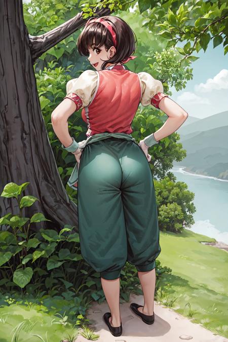 <lora:nanami_suikoden_face:0.77>, 1girl, solo, short hair, brown hair, look at viewer, ((masterpiece)), (best quality), 1girl, alone, bridge, grass, focused, close angle, grabbing, smile, detailed, anime, brown eyes, gloves, hairband, hand on hip, open mouth, standing, looking at viewer, shoes, pants, short sleeves, puffy sleeves, black hair, flats, holding, :d, puffy pants, capri pants, puffy short sleeves, weapon, ribbon, no socks, shirt, chinese clothes, wristband, wrench, bangs, hair ribbon, baggy pants, staff, white gloves, black footwear, colorful, green pants, from behind,  look at behind, full body, standing, ass