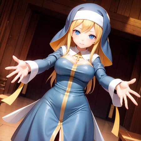 (raw photo, photorealistic, best quality, masterpiece:1.2), 1girl, <lora:mgq_sisterlamiav0.1:0.5>, mgq_sisterlamia,
golden hair, nun, sky blue robe
outstretched_arms, close-up, looking at viewer, hug,