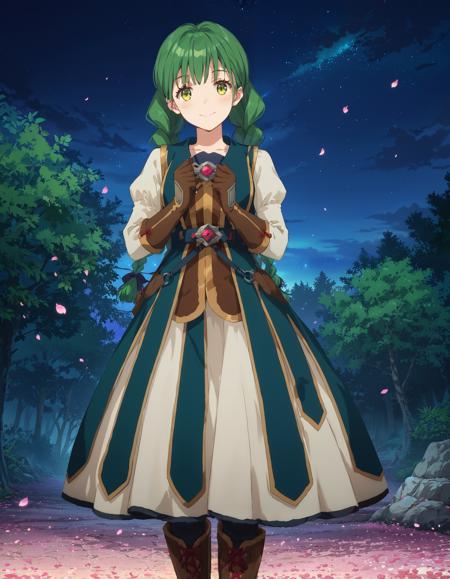 1girl, RishiaIvyred, green eyes, green hair, twin braids,  two tone dress, long dress, long sleeves, gloves, brown gloves, boots,