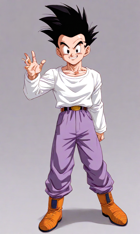 1boy, Goten, spiky hair, straight and tilted hair, black hair, black eyes, white long sleeved shirt, purple t shirt underneath, lavender chino pants, light beige golden boots, solo