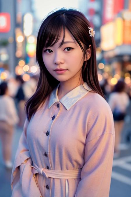 japanese, (skin blemish:1), (skindentation), black eye, 1woman, 30yo, (((woman))), solo, realistic,  best quality, photorealistic, masterpiece, 8k, high res, solo, extremely detailed face,  (professional lighting, bokeh), (light particles, lens flare, glowing particles:0.6), (dynamic pose:1.2), soft lighting, top angle view, fashionable and trendy atmosphere, japan,  tokyo, street, harajuku, ((nighttime)), ((looking at the viewer:1)), (looking at the camera),(portrait:0.6), gorgeous, standing, keep original facial proportion, wide shoulder, full body,  (small breast),  (medium hair), brown hair, floating hair, lips, lipstick, seductive smile, floating hair, mole, (mole under eye:1.5),  smile, teeth,  ((one piece dress)), jacket, coat,   <lora:Idol_Sashihara:0.85>