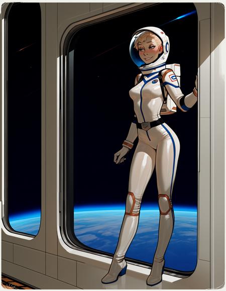 IllustriousQual, detailed face,
tall woman, solo, very short blonde hair, pixie cut, small breasts, long legs, mischievous smile,
wearing a spacesuit and helmet, 
on a space station, posing in an airlock, view of blue planet out of window,
<lora:incaseIllustrious:0.8> incase style,