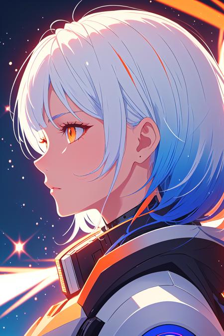 white hair, blue hair, orange hair, gradient hair, orange eyes, profile picture, cyberpunk background, robotic, hair flowing over, volumetric lighting, light particles, sparkling eyes, dystopian, colorful