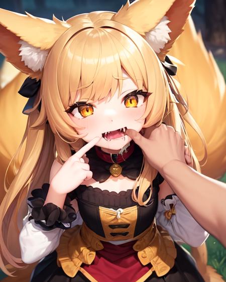 <lora:FangInspectionDayV2:1>(fiday:1.0)
(1girl), (finger in another's mouth:1.4),  pov, pov hands, open mouth, drool,
fox girl, fox ears, yellow eyes, fox tail, teeth