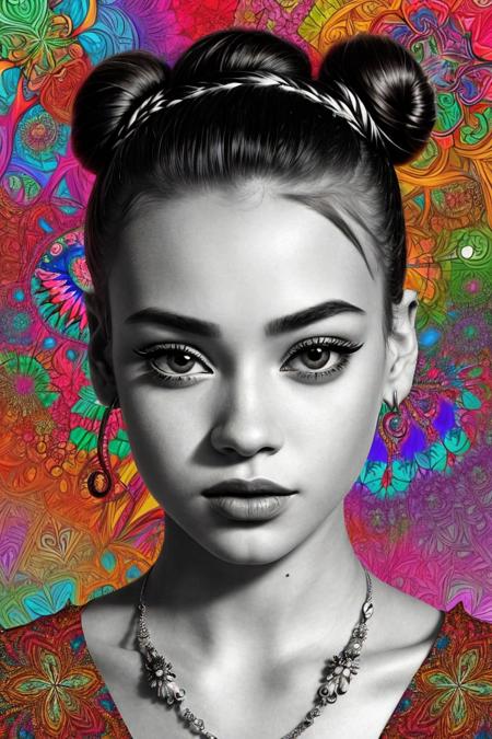 (psychedelic version, vibrant, kaleidoscopic, surreal, detailed:1.15), <lora:sd15_ShaelahMcGilton_v1-000018:.9> ShaelahMcGilton, focus on eyes, close up on face, wearing jewelry, hair styled sleek bun, black and white