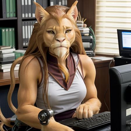 photograph of an Aslan female working at a computer in an office, realistic, photorealistic,   <lora:aslan_v202:1>