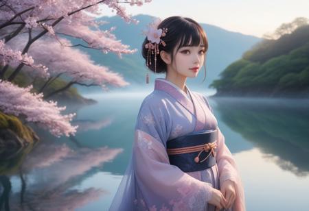 A cinematic photograph featuring a hauntingly beautiful Japanese woman, adorned in high-fashion, avant-garde attire with intricate, hand-beaded lace and silk fabrics, standing at the precipice of a serene, mist-shrouded lake, her reflection staring back at her, surrounded by lush, vibrant greenery, with delicate cherry blossoms scattered about, set against a soft, gradient pastel sky with hues of blush pink, baby blue, and lavender, evoking a sense of mystique and wonder, as if suspended between life and death, her enigmatic gaze and subtle, knowing smile hinting at secrets untold, with traditional Japanese patterns and motifs subtly woven into the fabrics and scenery, inviting the viewer to bridge the gap between reality and the unknown, all captured with a shallow depth of field, emphasizing the subject's face and attire, with the misty atmosphere and subtle, warm lighting casting an air of mystery and ethereal beauty.