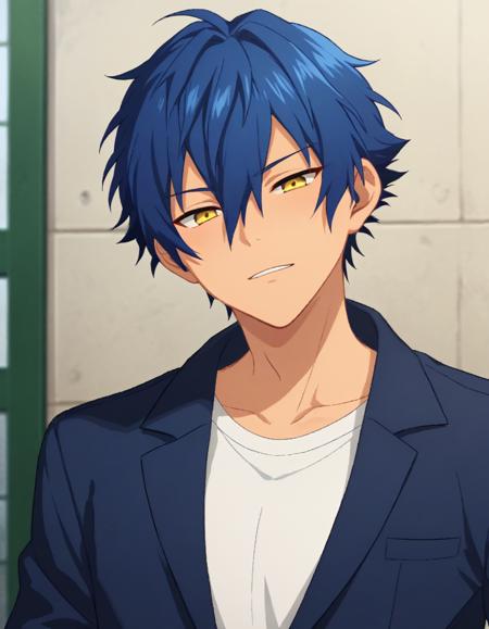 sazanami_jun_pony, blue hair, yellow eyes, short hair, hair between eyes, bangs, muscular, tan,