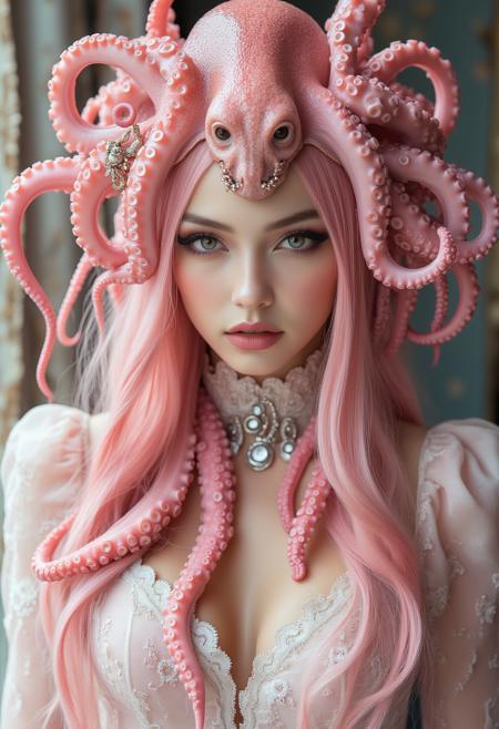 Octopus Hat - Parrot Stripe with 8 Curly dark hot Pink Tentacles