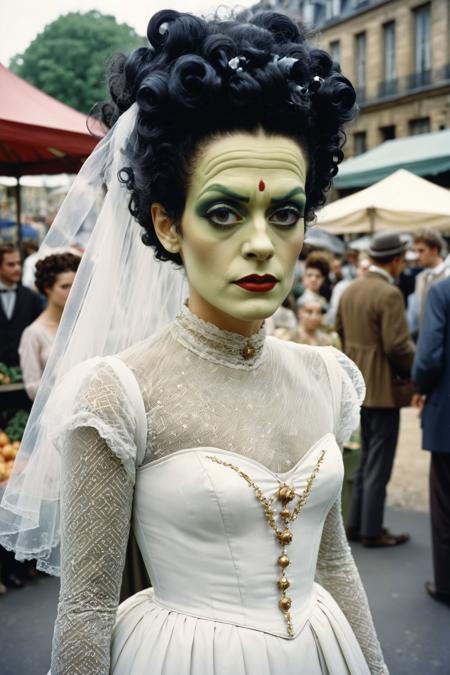wizard shaped like a french bride of frankenstein, analog photo, 1880s paris, 35mm, farmer's market