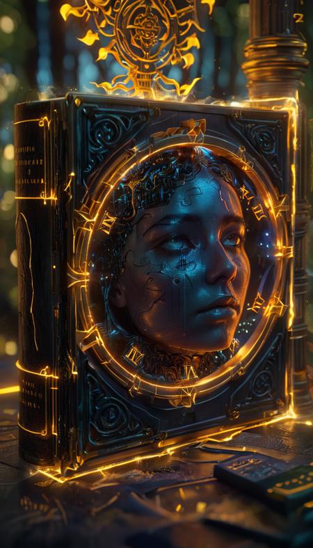 An ornate Celtic bookcover, mysterious, magical, neon glow, grimoire, ancient,,,, fractal, bokeh, radiant light, light burst out of the magical atmosphere around illuminating screen, luminescence particles surrounding compass, Cinematic level composition hyper-detailed, ultra-high detail, Octane flares, hypermaximalist, golden ratio, by Peter Gric, 8K hyperrealism, mystical epic surreal dark forest and moody, moody, rim light, digital painting strokes, 8K, highly botanical tattoo style halo around subject in paint, elegant lace high detail, centered, artstation, (concept crystal clear wax head statue 8K ink dreamy energy waves mist:0.86), deviantart by Jesper jurgens, and Alphonse Mucha style art oil painting titled symmetrical, perfect smile   cinema closeup
 <lora:v0ng44g003:0.3> <lora:v0ng44g005:0.2> <lora:Twilight_Glade:0.3> <lora:visiblend:0.4>  <lora:glowneon_xl_v1:1.5>