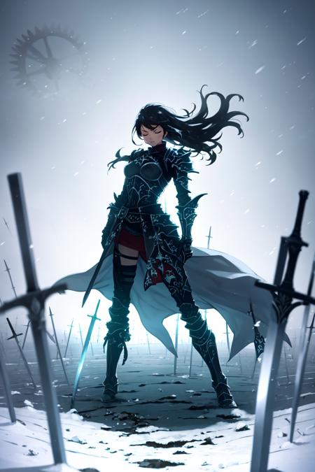 black hair, blue eyes, 1girl, long hair, floating hair, furious, serious, focused, planted sword, armor, final fantasy xiv armor, dark knight, eyes closed, planted, black armor, gears, (solo:1.2), snow
 <lora:ubw:1>