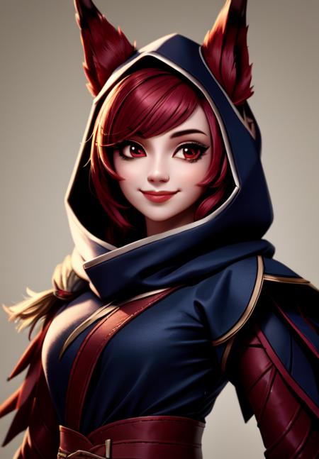 sfw, <lora:xayah:0.8>, xayah, hood, 1girl, solo, smile,, (masterpiece, best quality, absurdres, detailed, ultra-detailed:1.3), beautiful