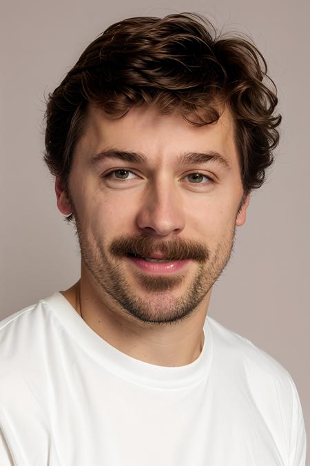 headshot of MikeWozniak, plain bright pastel background, white shirt, smile  <lora:MikeWozniakLora:1>