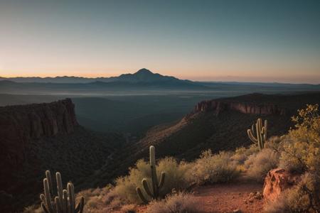 raw photo, a sunset landscape, Arizona desert, Saguaro Cactus, Tall Mesa,  cozy, photorealistic, high detailed texture, 8k uhd, dslr, soft lighting, high quality, film grain, Fujifilm XT3, Sony A7 IV, highly detailed photography, (muted colors, cinematic, dim colors, soothing tones:1.2), vibrant, insanely detailed, hyperdetailed, (dark shot:1.2), (vsco:0.3), (intricate details:0.9), (hdr, hyperdetailed:1.2) (highest coherency: 1.39) (highest quality: 1.39) (rule of Thirds) (award winning) (breathtaking) (masterclass) (vibrant color: 0.79) (distant hillside) (tall cliffs in distance; 1.19)