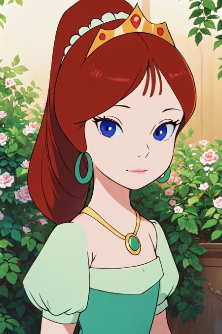 camille1, red hair, blue eyes, earrings, necklace, ponytail, tiara, green dress, pink lips