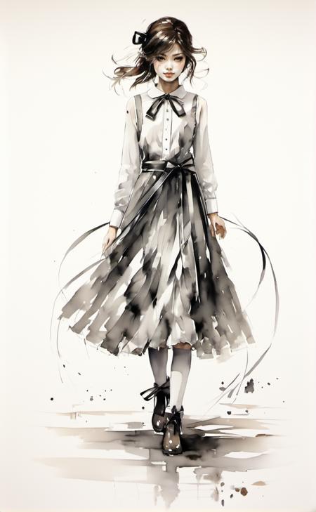 <lora:InkWashpainting:1>, 1girl, solo, green eyes, pantyhose, dress, full body, bow, brown hair, black pantyhose, white background, shirt, long sleeves, hair bow, looking at viewer, smile, white shirt, boots, simple background, ribbon, virtual youtuber, bangs, standing, pinafore dress, white footwear, belt, white bow, neck ribbon, black ribbon, grey dress, white ribbon, closed mouth, cross-laced footwear, collared shirt, sleeveless dress, medium hair, sleeveless, black bow, plaid