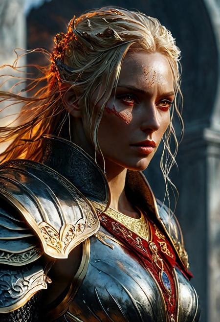 High resolution ultra-realistic of Beautiful sinister Sauron, 8k, capturing the intensity of the moment, cinematic lighting, standing on a bloody and turbulent battlefield in a bloody battle, wavy blonde hair, realistic dirty pale face, realistic red eyes, burning in a fantasy Town, intricately designed white cloth robe, Lord of the Rings Aesthetic, perfect athletic male figure, beautiful Sauron, ultra realistic, cinematic style, vigorous and seductive male. athletic male figure, dark fantasy style, dramatic lighting, wet and sweaty skin, dirty skin, athletic figure, dark fantasy, dramatic lighting, Greg Rutkowski style, Sauron on in armor, hyper-detailed, hyper-realistic, natural light, extremely intricate details, masterpiece, epic, bright colours, Attractive 25 old years men, Attractive, sharp focus, digital painting, Photograph Taken on Nikon D750, Alphonse Mucha, 8K, athletic figure, Hyperdetailed, hyperrealism, Attractive, Attractive bust girl, asymmetric balance