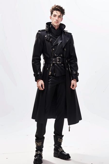 m3nstudd3dBuckl3c04t, long sleeves, standing, full body, black pants, black coat, leather, boots,